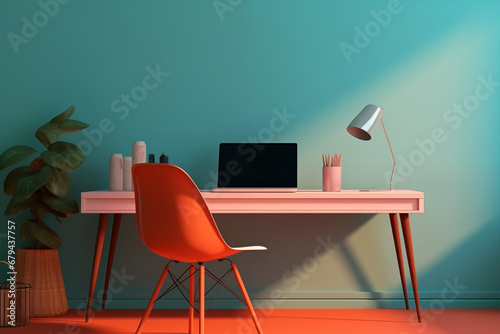 office interior with table, blue wall, orange chair, light orange desk, lamp, plants, open laptop, and design objects, modern comfortable design vivid teleworking set with pop inspiration candy colors