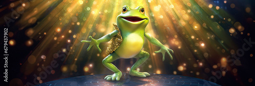 Gleeful frog performer basking in the spotlight on stage, a celebration of musical joy. photo