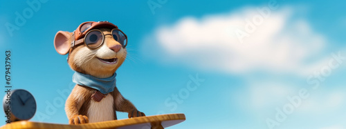 Dreamy chipmunk pilot with scarf, gazing into the distance, ready for new horizons.