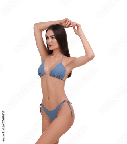 Young woman in stylish bikini isolated on white