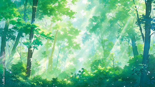 木漏れ日が落ちる森のアニメ風イラスト photo