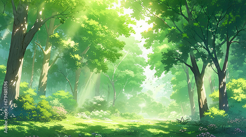 木漏れ日が落ちる森のアニメ風イラスト © Hanasaki