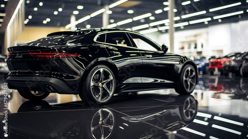 A panoramic view of a glossy black luxury car showcased in a modern dealership salon, with sleek lighting highlighting its curves and other vehicles subtly in the background © Abdul