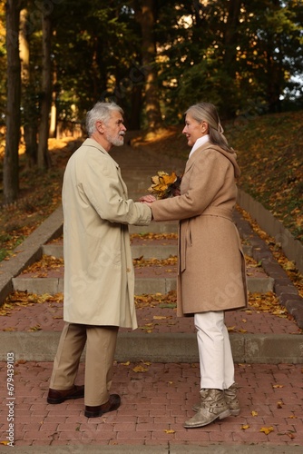 Affectionate senior couple with dry leaves in autumn park