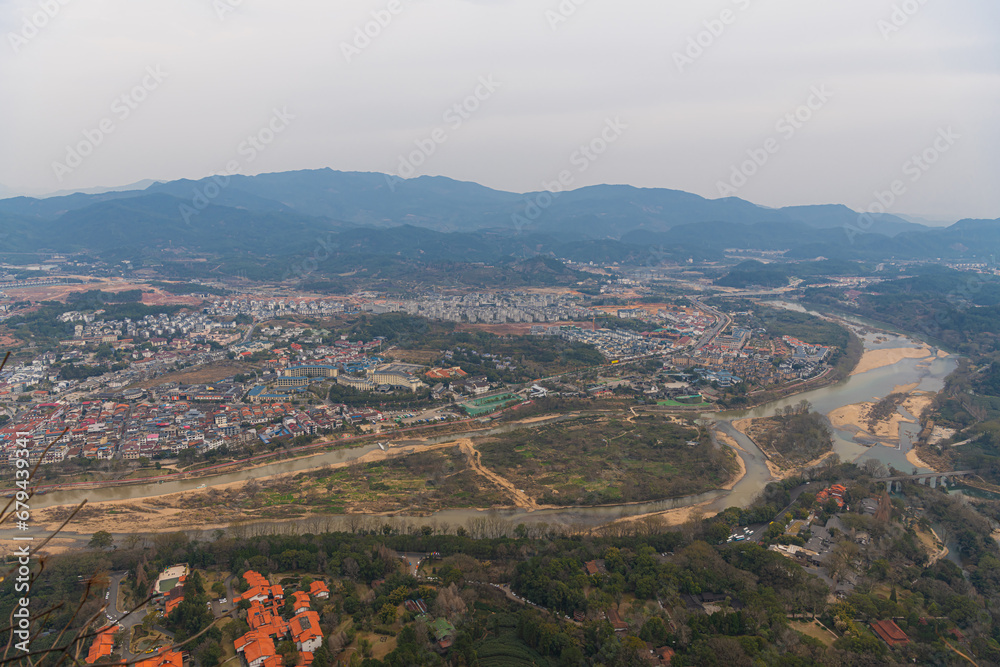 The view on the village by the river from Da Wang Shan Peak in Fujian, China