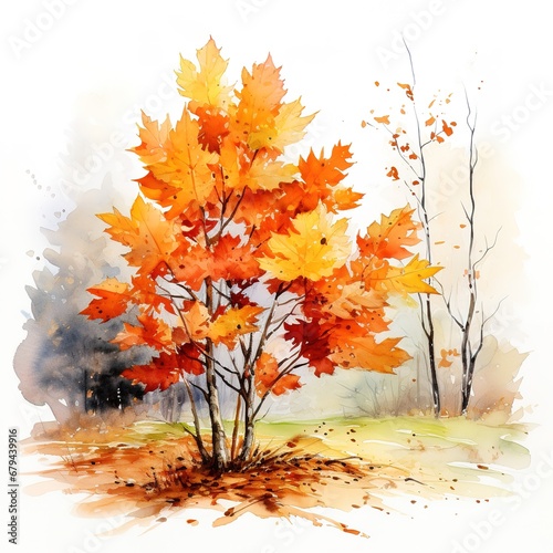 Modern tree leaves branch watercolor art autumn color with generative ai