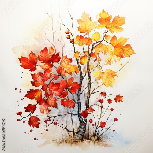 Modern tree leaves branch watercolor art autumn color with generative ai