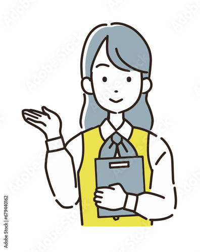 バインダーを抱えて案内する受付嬢