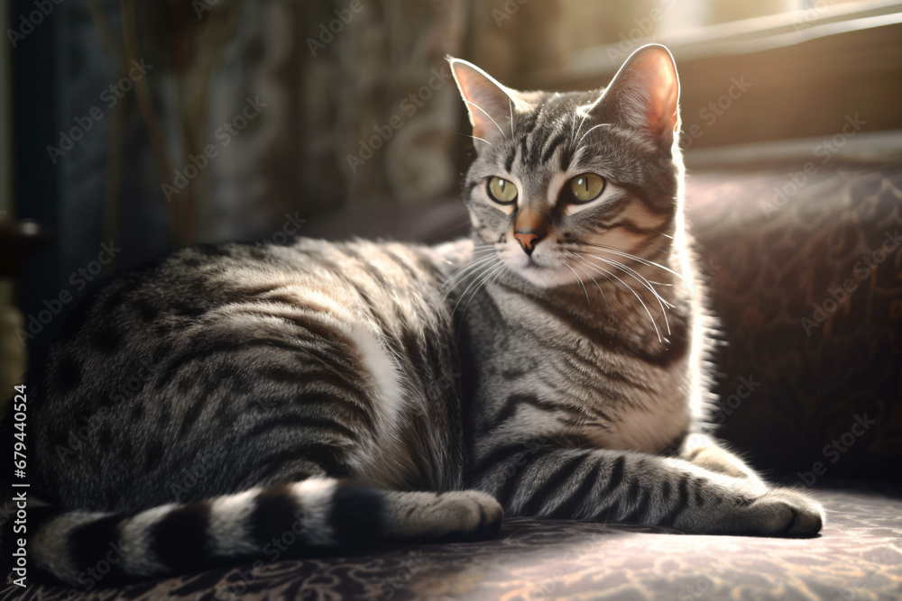 Photo of American Shorthair pet cat with living room background