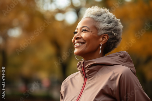 senior healthy african woman walking in the autumn park photo