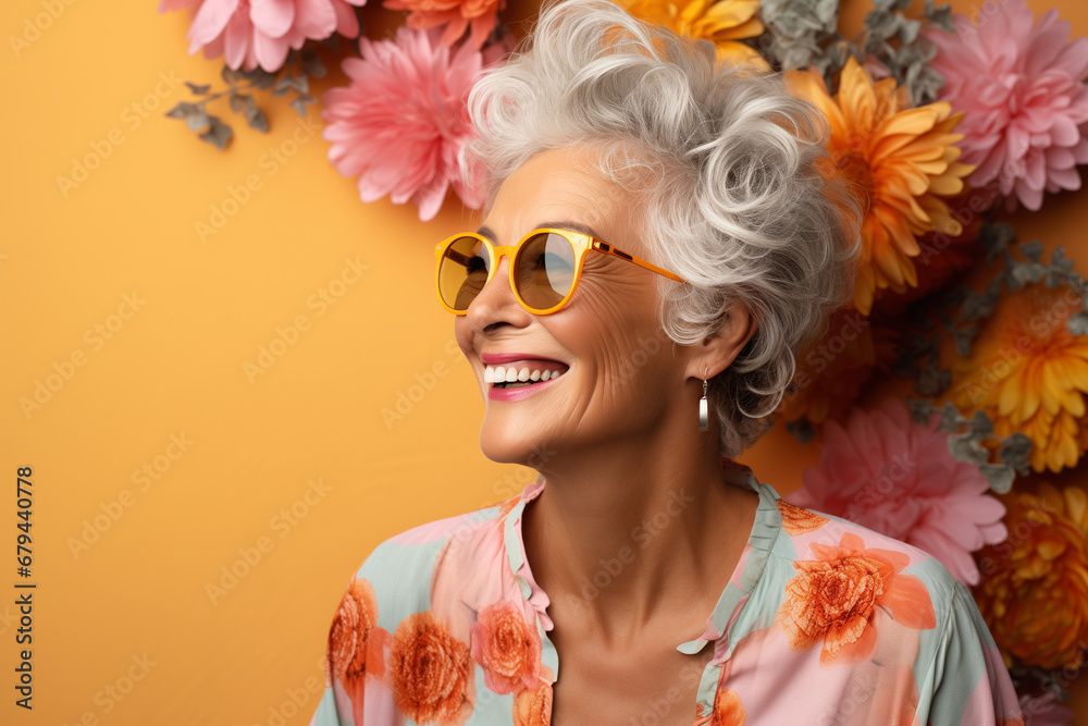 Fashion closeup portrait of beautiful elderly woman