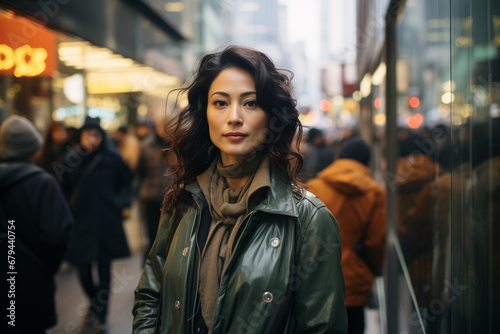 serious asian woman portrait in the crowded street