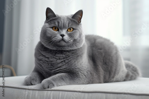 Photo of British Shorthair pet cat with the back of the living room
