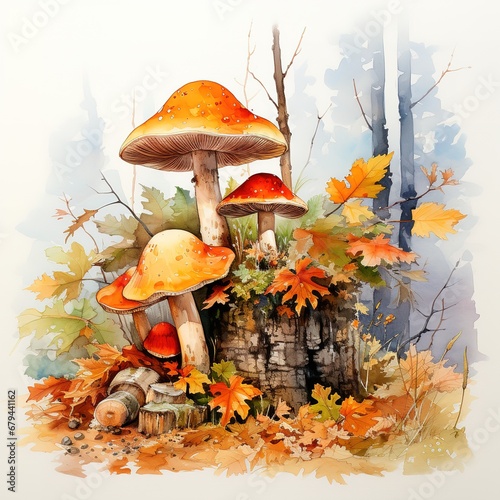 Watercolor mushroom in the forest painting art with generative ai