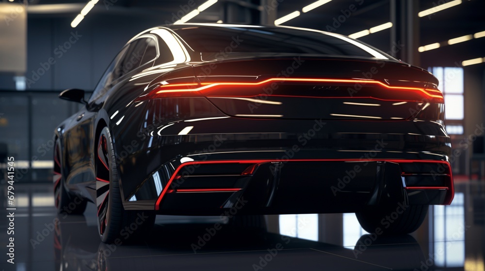 Naklejka premium A realistic depiction of a black luxury car's rear view in a dealership, showcasing its distinctive taillights and dual exhaust pipes.