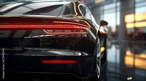 A realistic depiction of a black luxury car's rear view in a dealership, showcasing its distinctive taillights and dual exhaust pipes. photo