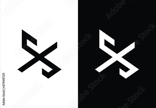 THE LOGO MONOGRAM SHAPES THE LETTER "S", WITH A BLACK AND WHITE BACKGROUND.