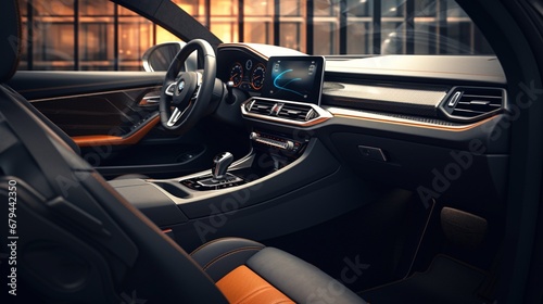 A detailed view of a luxury black car's interior through its open door in a dealership salon, showcasing the high-quality leather seats and advanced dashboard © Abdul