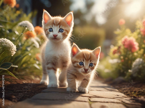 Kittens walking outdoors in morning