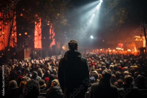 Rear view of a man standing and looking at a rally or gathering of many people on the street at night. 