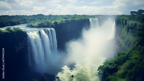 Magnificent Victoria Falls, where powerful cascades of water plunge into a misty abyss, creating an awe-inspiring natural spectacle, travel place. Ai Generated.NO.03