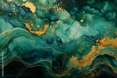Green, gold Christmas waves background. Flowing wavy special effect emerald and malachite abstract waves fantasy backdrop. Magic family Holiday modern art, happy fairytale green waves for copy space