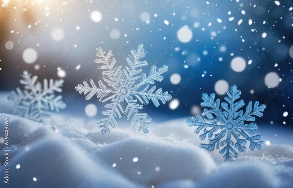 Beautiful decorative snowflakes in the snow against a blue natural background with falling snow and bokeh. Christmas winter background for design Beautiful decorative snowflakes in the snow against a blue natural background with falling snow and bokeh. Christmas winter background for design