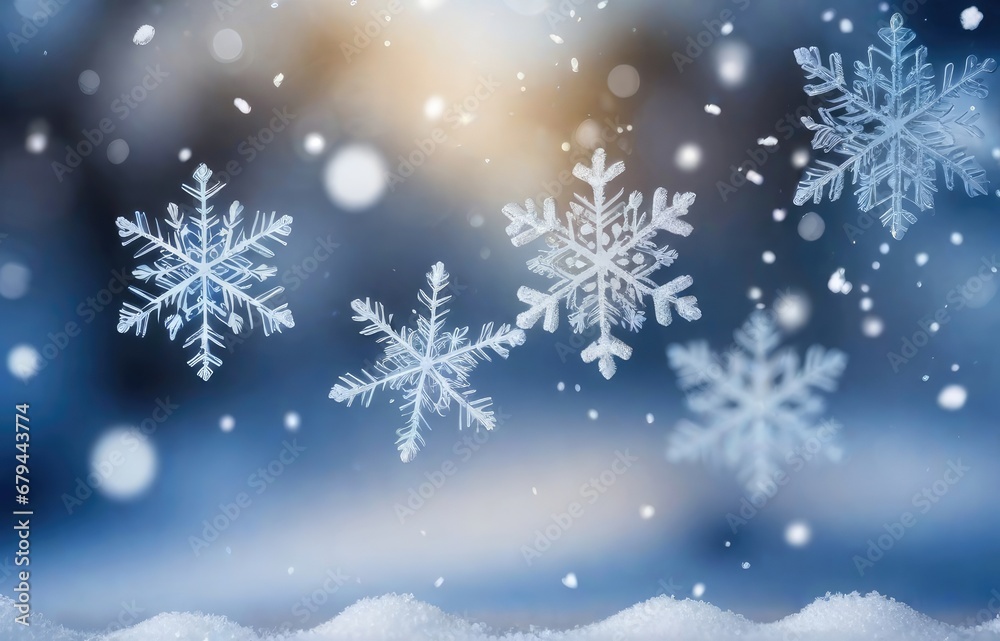 Beautiful decorative snowflakes in the snow against a blue natural background with falling snow and bokeh. Christmas winter background for design Beautiful decorative snowflakes in the snow against a blue natural background with falling snow and bokeh. Christmas winter background for design