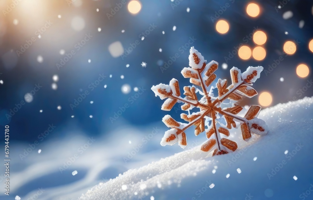 Beautiful decorative snowflakes in the snow against a blue natural background with falling snow and bokeh. Christmas winter background for design Beautiful decorative snowflakes in the snow against a blue natural background with falling snow and bokeh. Christmas winter background for design