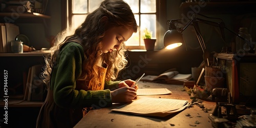 a girl is studying on a desk near a window, in the style of intense and dramatic lighting, generative AI photo