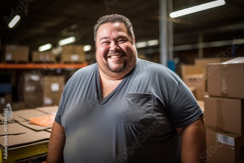 A cheerful manager in a warehouse, close-up, frontal, smiling, evening, artificial lighting, casual attire, boxes in background, indoor, workplace.