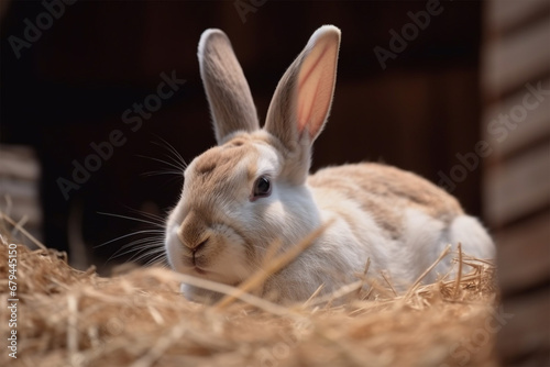 rabbit in a wooden cage with fresh hay.breeding rabbits on a farm