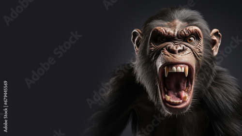 Fotografia Angry chimpanzee open mouth ready to attack isolated on gray background