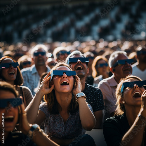 young people sitting in the park wearing special glasses watching the solar eclipse