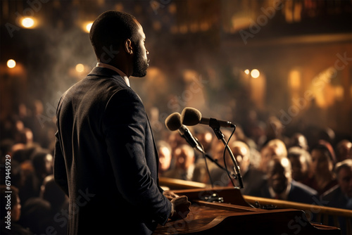 African American politician at a microphone giving a speech at a conference or meeting. 