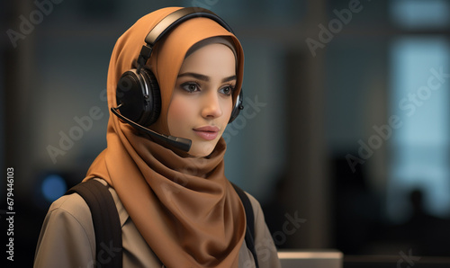 a young woman in a hijab and headphones is a call center support operator. Telephone support and assistance concept, telephone assistant
