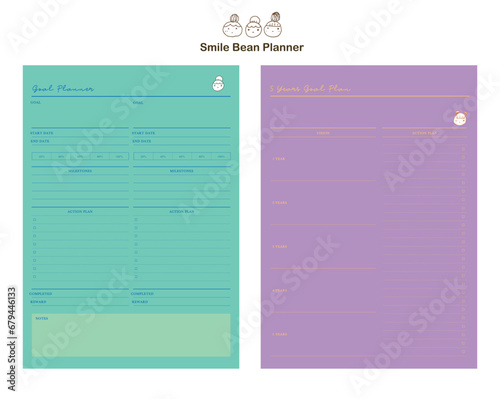 set of 5 years Goal planner (Smile Bean). Minimalist planner template set. Vector illustration.