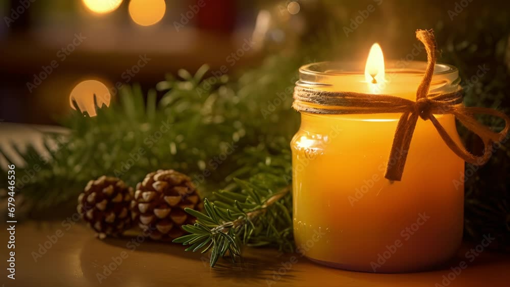 Closeup of a handmade beeswax candle, adorned with a sprig of holly and p in a recycled glass jar, emitting a warm and inviting glow in a festive holiday setting.