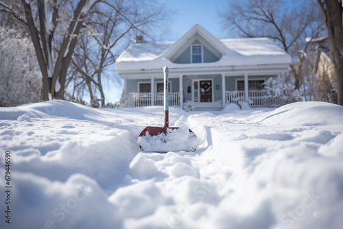 Shovel for removing snow from a path near a house photo