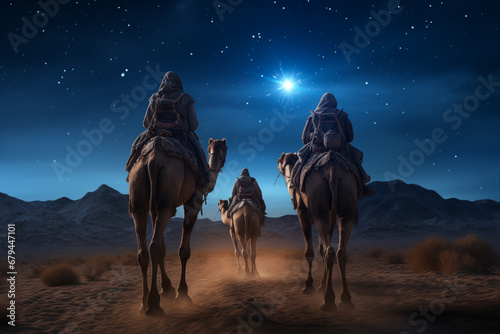 Fotografia Three Wise Men, Three Kings follow Bethlehem star in the night