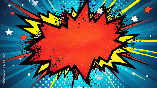 Comic wording style boom sticker graphic red yellow on blue background © Rames studio