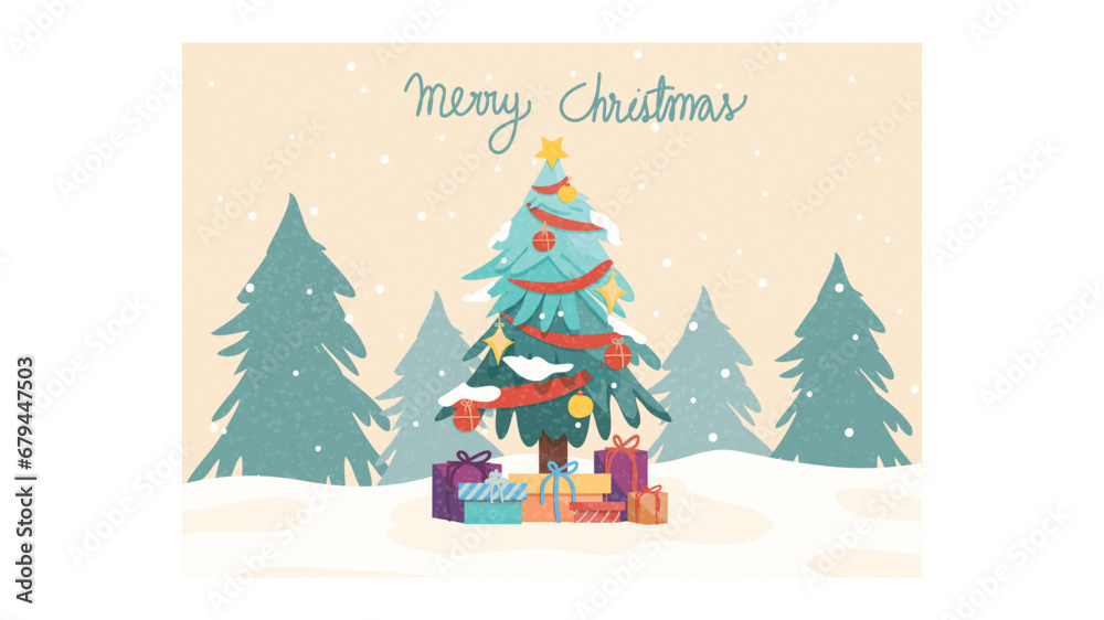 Fototapeta premium Web christmas tree with a pile of gift boxes.Snow and pine tree.Merry christmas and happy holidays.