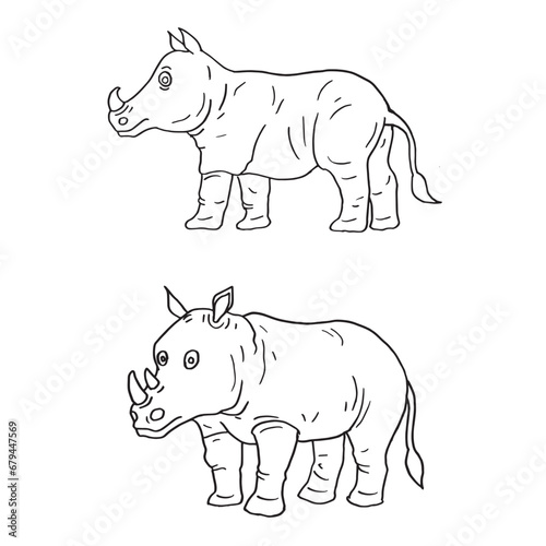 Set of rhinoceros cartoon hand drawn illustration vector