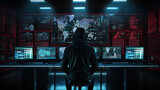 Unseen Hacker's Realm: Hooded Hacker in Modern Technological Monitoring Control Room with Digital Screens Background