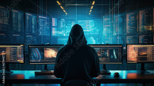 Unseen Hacker's Realm: Hooded Hacker in Modern Technological Monitoring Control Room with Digital Screens Background