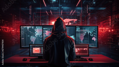 Shadowed Hacker's Lair: Hooded Hacker in Modern Technological Monitoring Control Room with Digital Screens Background
