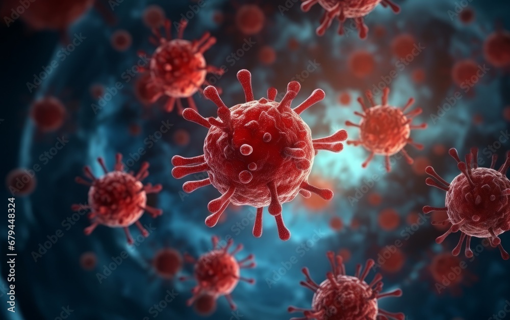 Red virus or bacteria macro in the body of person infected with coronavirus AI
