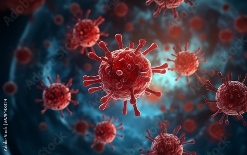 Red virus or bacteria macro in the body of person infected with coronavirus AI © Vitalii But