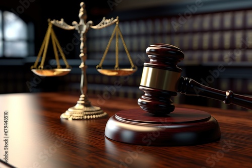 hyper realistic imagin law legal system justice crime concept mallet gavel hammer and scales on table photo