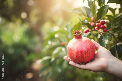 A Pomegranate fruit, on a hand, Pomegranate tree garden background, with copy space Generative AI photo